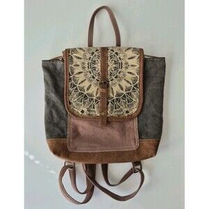 Myra Bag Daisy Delight Mandala Western Boho Canvas Leather Flap Backpack Bag